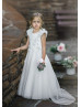 Beaded White Lace Tulle Flower Girl Dress Communion Dress